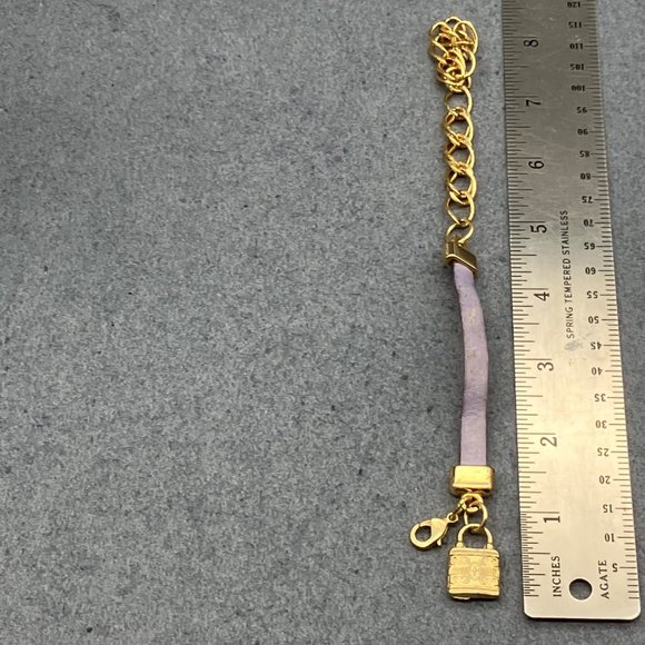 Lock Charm Bracelet As Is Cross Gold Chunky Chain Purple Leather Strap Retro - Picture 5 of 8